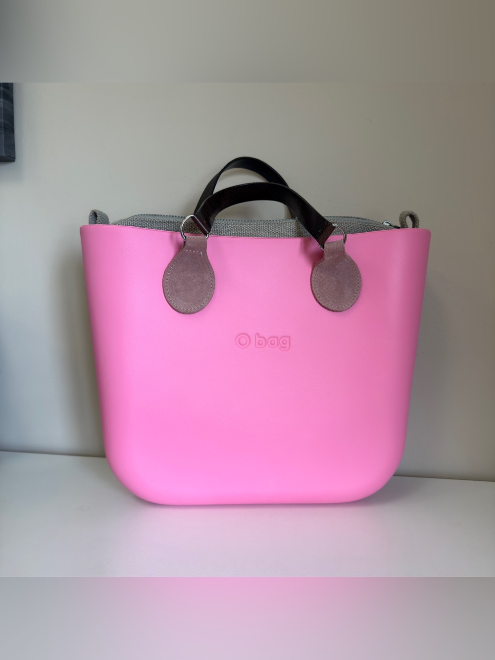 Pink Tote with Gray Interior and Brown Handles